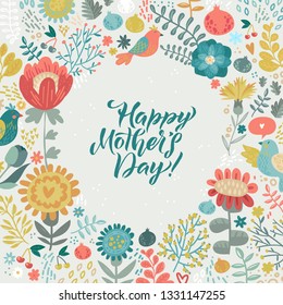 Happy Mothers Day Calligraphy Design on Floral Background. Vector illustration. Womans Day Greeting Calligraphy Design in Bright Colors. Template for a poster, cards, banner Vector illustration.