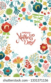 Happy Mothers Day Calligraphy Design on Floral Background. Vector illustration. Womans Day Greeting Calligraphy Design in Bright Colors. Template for a poster, cards, banner Vector illustration.