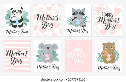 Happy Mother's Day Calligraphy Postcard. Set of Vector cute animal moms (panda, koala, bear, raccoon) with babies in the bushes