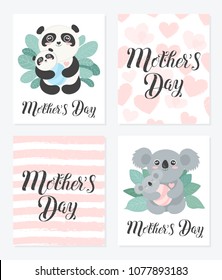 Happy Mother's Day Calligraphy Postcard. Set of Vector cartoon sketch illustrations. Mom panda and coala with babies in the bushes. 