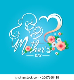 Happy mother's day calligraphy with silhouette of mother and her baby,flower,heart design on blue background.Vector Illustration