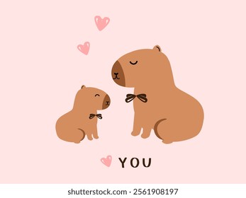 Happy Mother's day with capybara cartoons, hand drawn fonts and heart on pink background vector.