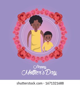 happy mothers day card with afro mother and son vector illustration design