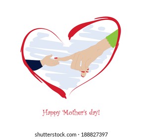 Happy Mother's day card.Mom and baby's hand in a stylized heart.