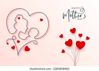 Happy mothers day card background with mother and baby line art and hearts