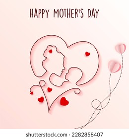 Happy mothers day card background with mother and baby line art and hearts