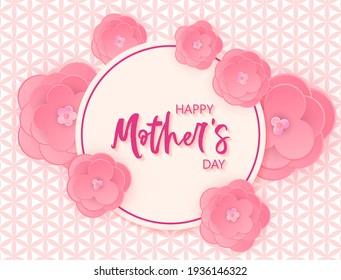 Happy Mothers Day  card banner with beautiful pink flowers. Vector illustration design. Flower of life background. Rosy pink abtract peonies for mom. Happy Mothers' Day calligraphic lettering in frame