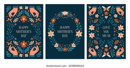 Happy Mother's Day. Card, banner, invitation, poster templates with ornament of hands, spring plants, flowers, berries, leaves, botany illustrations. Love you mum. Creative design with lettering.