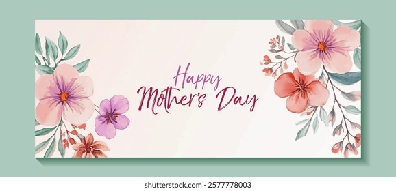 Happy Mother's Day card banner with beautiful pink sakura flowers. Vector illustration design. Rosy flower background. Rosy pink abstract peonies for mom. Happy Mothers' Day calligraphic lettering