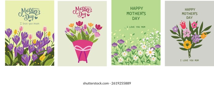 Happy Mother's Day card, banner, poster, flyer, label or cover with wild flowers, Narcissus flower Floral, can be used for Valentine's day, holiday templates, Women's Day, birthday, Easter decor, web,