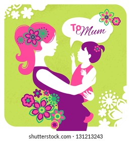 Happy Mother's Day. Card with beautiful silhouette of mother and baby