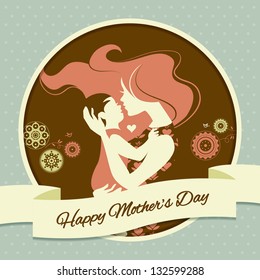 Happy Mother's Day. Card with beautiful silhouette of mother and baby in vintage style