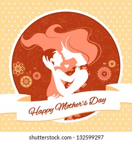 Happy Mother's Day. Card with beautiful silhouette of mother and baby in vintage style