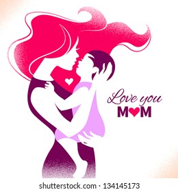 Happy Mother's Day. Card with beautiful silhouette of mother and baby