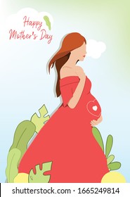 Happy mothers day card. 
Beautiful pregnant women feeling baby kick. Flat cartoon vector illustration. Pregnant women walking