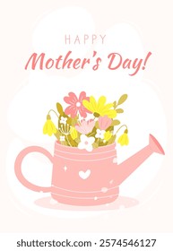 Happy Mother's Day card with beautiful flowers bouquet in watering can. Vector illustration in hand drawn flat cartoon style. Perfect for greeting card, poster, banner and so on