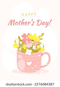 Happy Mother's day card with beautiful spring flowers in a mug. Vector illustration in hand drawn flat cartoon style. Perfect for greeting postcard, vertical poster, banner, flyer and so on