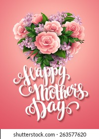 Happy Mothers Day. Card with beautiful flowers. Rose and Lilac Vector illustration 