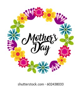 happy mother's day card with beautiful  wreath of flowers over white background. colorful design. vector illustration