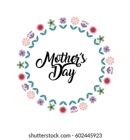 happy mother's day card with beautiful  wreath of flowers over white background. colorful design. vector illustration