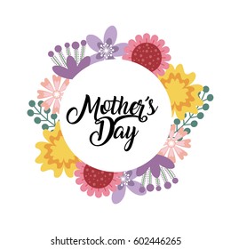 happy mother's day card with beautiful  wreath of flowers over white background. colorful design. vector illustration