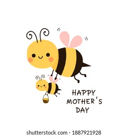 Happy mother's day card with bee cartoons and hand written font on white background vector illustration.