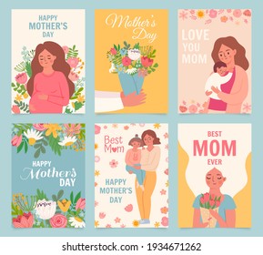 Tarjeta feliz del día de las madres. La mejor mamá de todos los tiempos, un regalo de flores para la madre, la mujer abraza a su bebé y a su hija. Conjunto de vectores de afiches para madres y niños