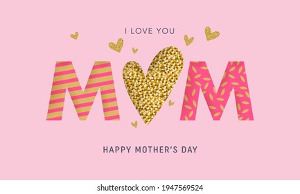 Happy Mothers Day card. Big heart made of gold foil on light pink background. Horizontal banner, flyer, greeting card, header for website