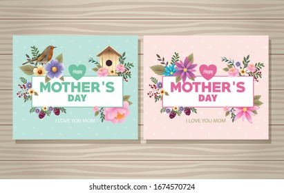 happy mothers day card with bird and housebird floral frame vector illustration design