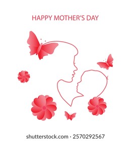 Happy mother's day card with blooming flowers and butterflies.  Mom and baby vector illustration. 