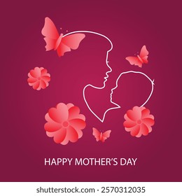 Happy mother's day card with blooming flowers and butterflies. Mom and baby vector illustration.