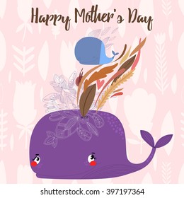 Happy mothers day card in cartoon style. Hand-drawn card with cute whales and  flowers. Vector illustration EPS 10
