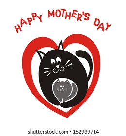 Happy mother's day card cat and kitten red heart vector illustration