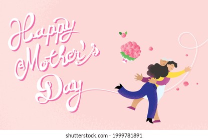 Happy mother's day card celebration vector illustration. Daughter and mother hugging. Removable cursive text. Young woman jumping in the arms of her old mother with a bouquet of flowers as present.