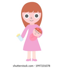 Happy mother's day card.Mom and child. Mother holding baby.Motherhood or family concept.Flat design.Cartoon charactor.Woman and infant.ector illustration.Sign, symbol, icon or logo.