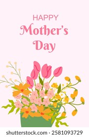 Happy mother's day card with colorful bouquet of flowers and pink tulips on pastel background.