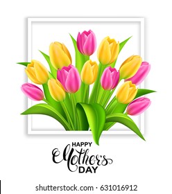 Happy Mother's day card with colorful tulips and handwritten calligraphy. Vector illustration.