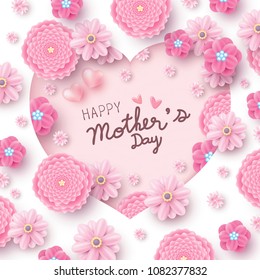 Happy mother's day card concept design of paper hearts shape and pink flowers vector illustration