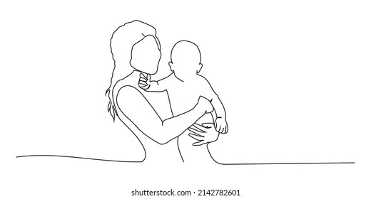 Happy Mother's Day card. Continuous one-line drawing. Woman holds her baby. vector illustration.