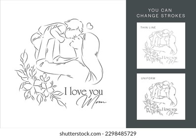 Happy Mother's Day card. Continuous one-line drawing. The woman holds her baby. Mother and baby contour illustration.