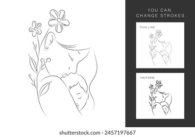 Happy Mother's Day card. Continuous one-line drawing. The woman holds her baby. Mother and baby contour illustration.