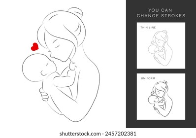 Happy Mother's Day card. Continuous one-line drawing. The woman holds her baby. Mother and baby contour illustration.