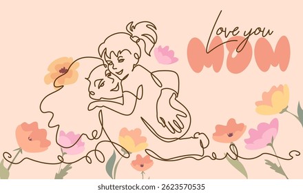 Happy Mothers day card. Continuous one line drawing. Woman hold her small daughter with color flowers. Vector illustration