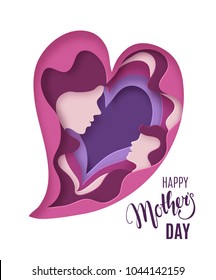 Happy Mothers Day card. Creative paper cut background with Mother silhouette and her child. Vector illustration with beautiful woman and baby in a form of paper heart