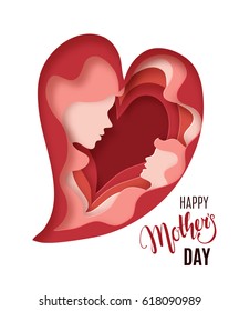 Happy Mothers Day card. Creative paper cut background with Mother silhouette and her child. Vector illustration with beautiful woman and baby in a form of paper heart