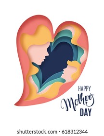 Happy Mothers Day card. Creative paper cut background with Mother silhouette and her child. Vector illustration with beautiful woman and baby in a form of paper heart