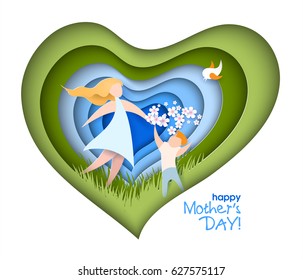 Happy Mothers Day card. Creative paper cut background with mom silhouette and her child with flowers. Vector illustration with beautiful woman and baby with paper frame heart shaped.