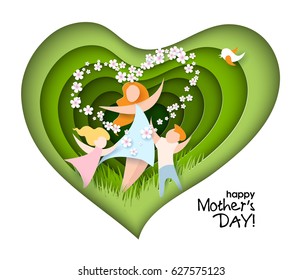 Happy Mothers Day card. Creative paper cut background with mom silhouette and her child with flowers. Vector illustration with beautiful woman and baby with paper frame heart shaped.