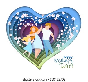 Happy Mothers Day card. Creative paper cut background with mom silhouette and her child with flowers. Vector illustration with beautiful woman and baby with paper frame heart shaped.