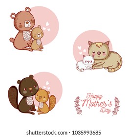 Happy mothers day card with cute animals cartoons